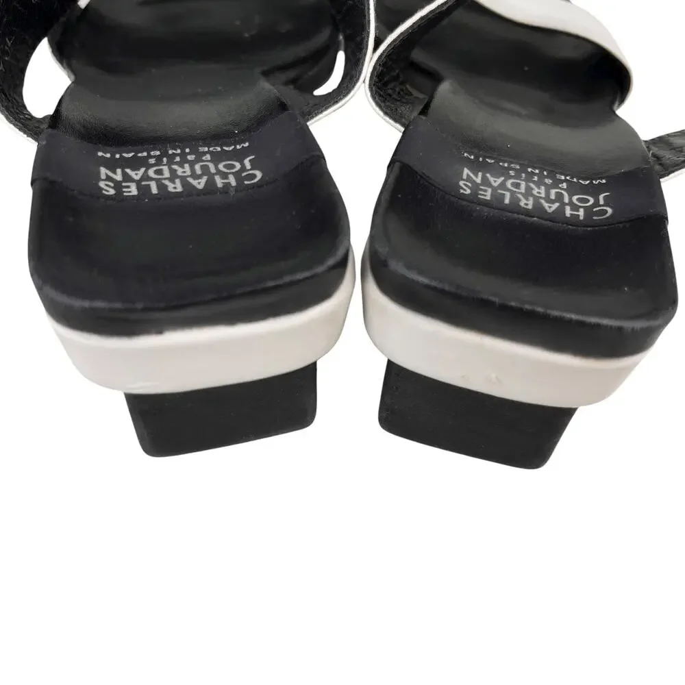 Charles Jourdan Paris Yol Wedge Sandals Black White 8M